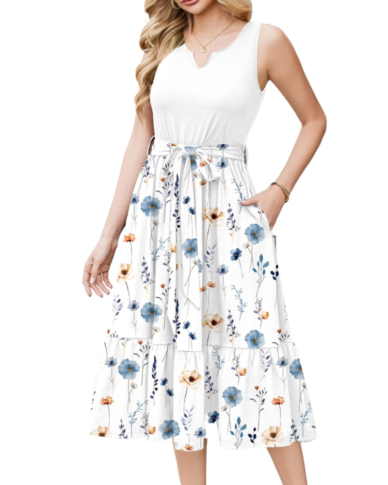 Women's Sleeveless Midi Dress with Belt and Pockets
