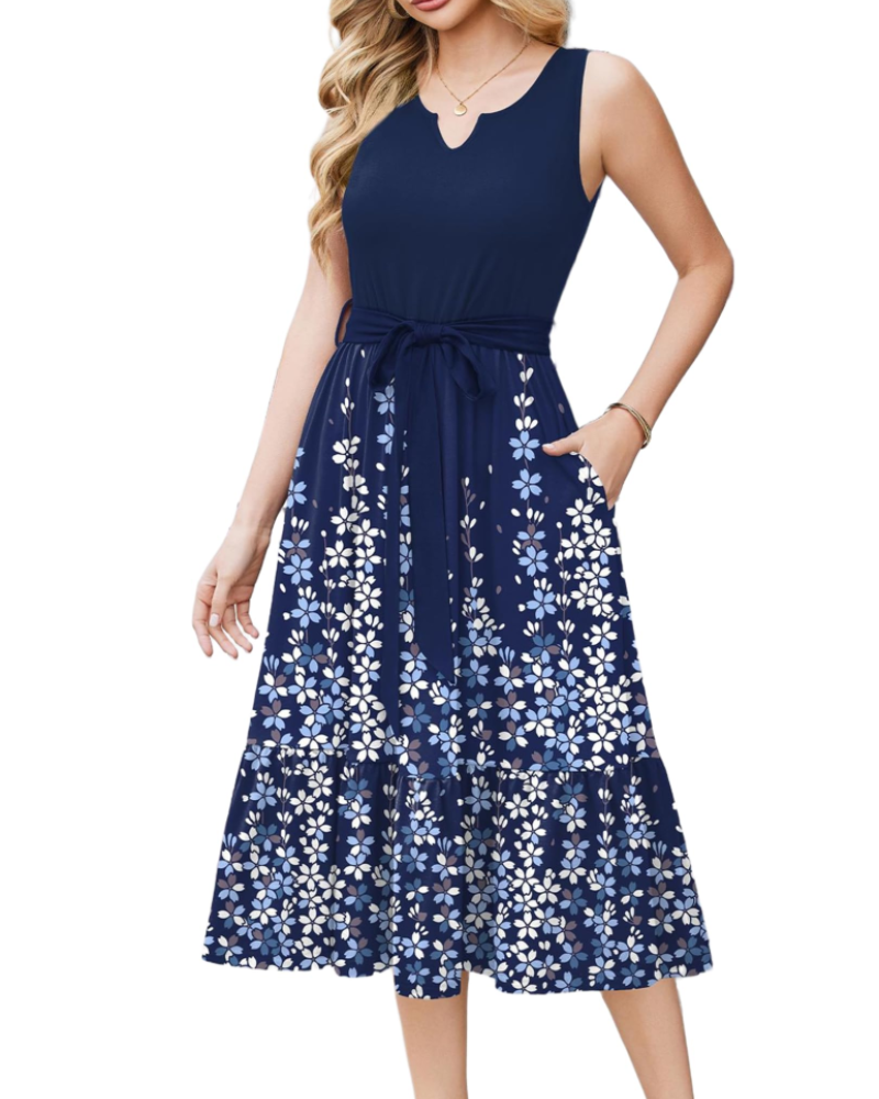 Women's Sleeveless Midi Dress with Belt and Pockets