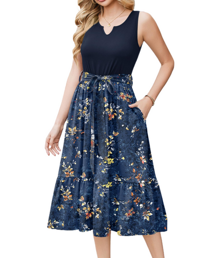 Women's Sleeveless Midi Dress with Belt and Pockets