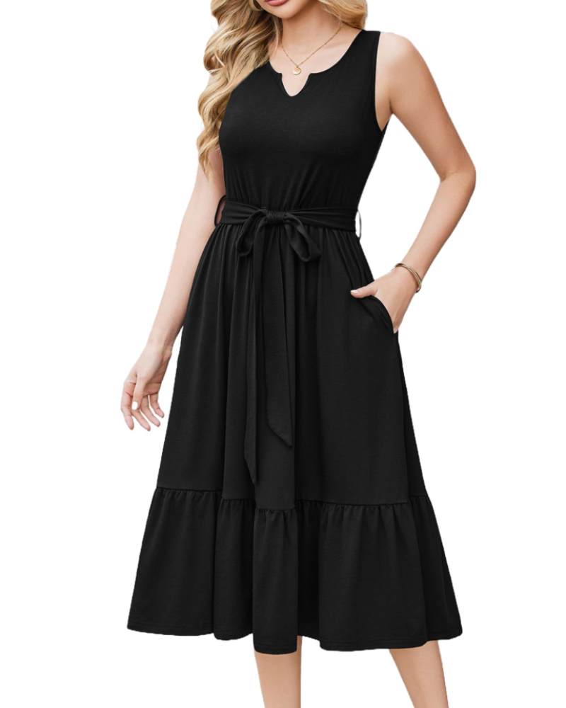 Women's Sleeveless Midi Dress with Belt and Pockets