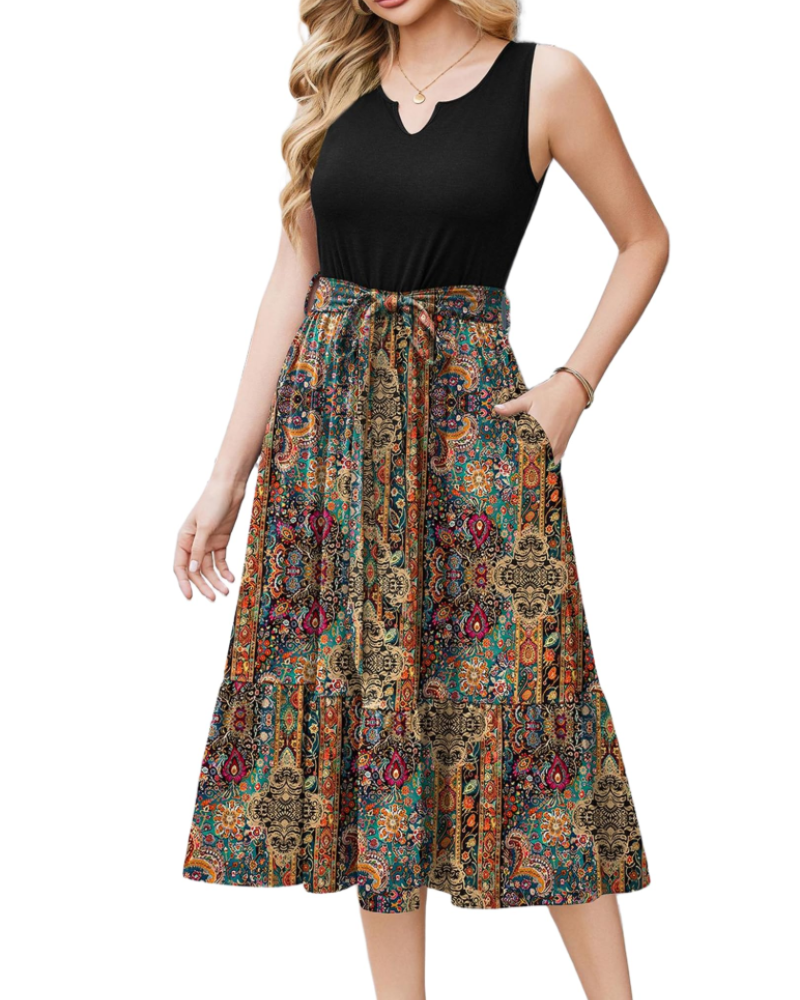 Women's Sleeveless Midi Dress with Belt and Pockets