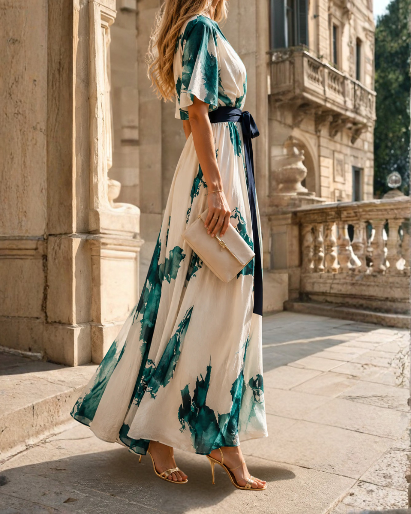 Women's Printed Wrap Maxi Dress with Tie Belt