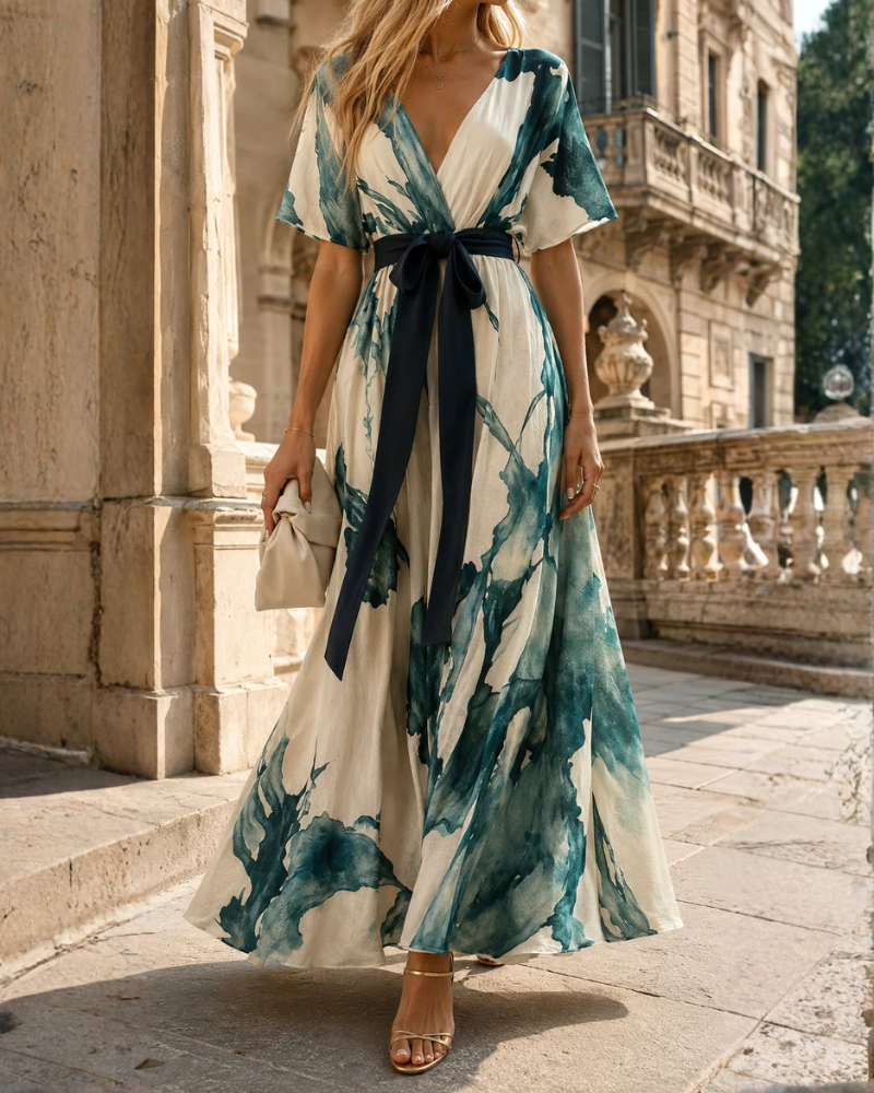 Women's Printed Wrap Maxi Dress with Tie Belt