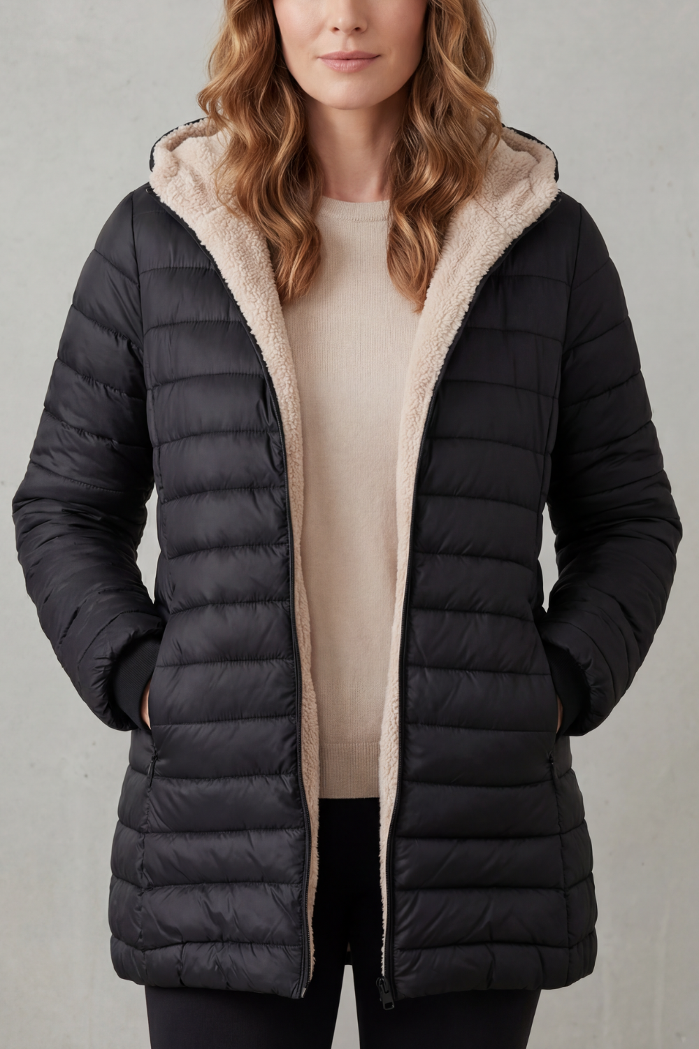 Women's Puffer Jacket with Sherpa-Lined Hood