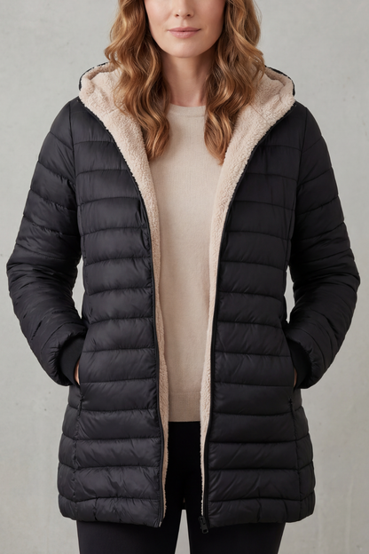 Women's Puffer Jacket with Sherpa-Lined Hood