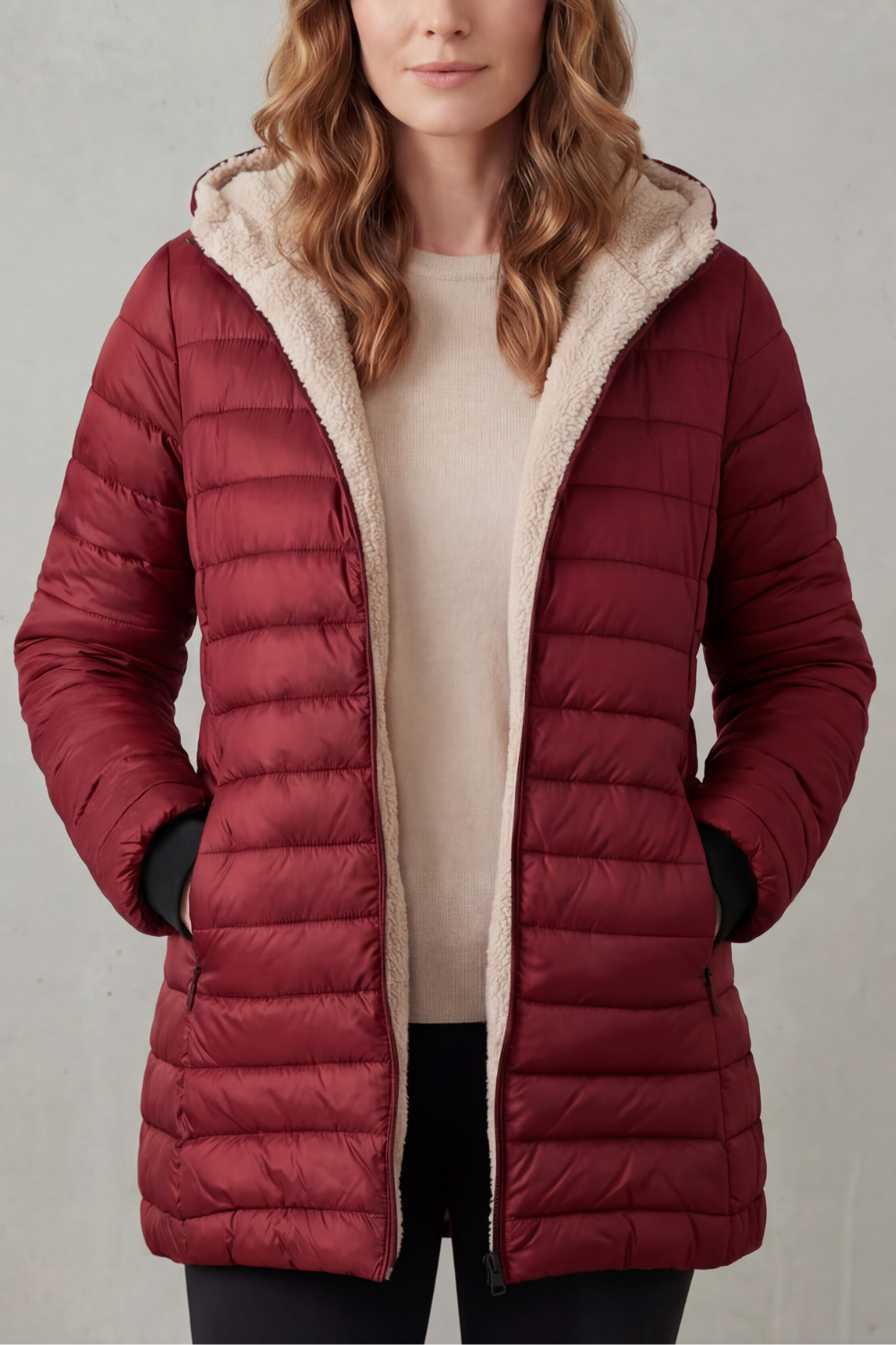 Women's Puffer Jacket with Sherpa-Lined Hood