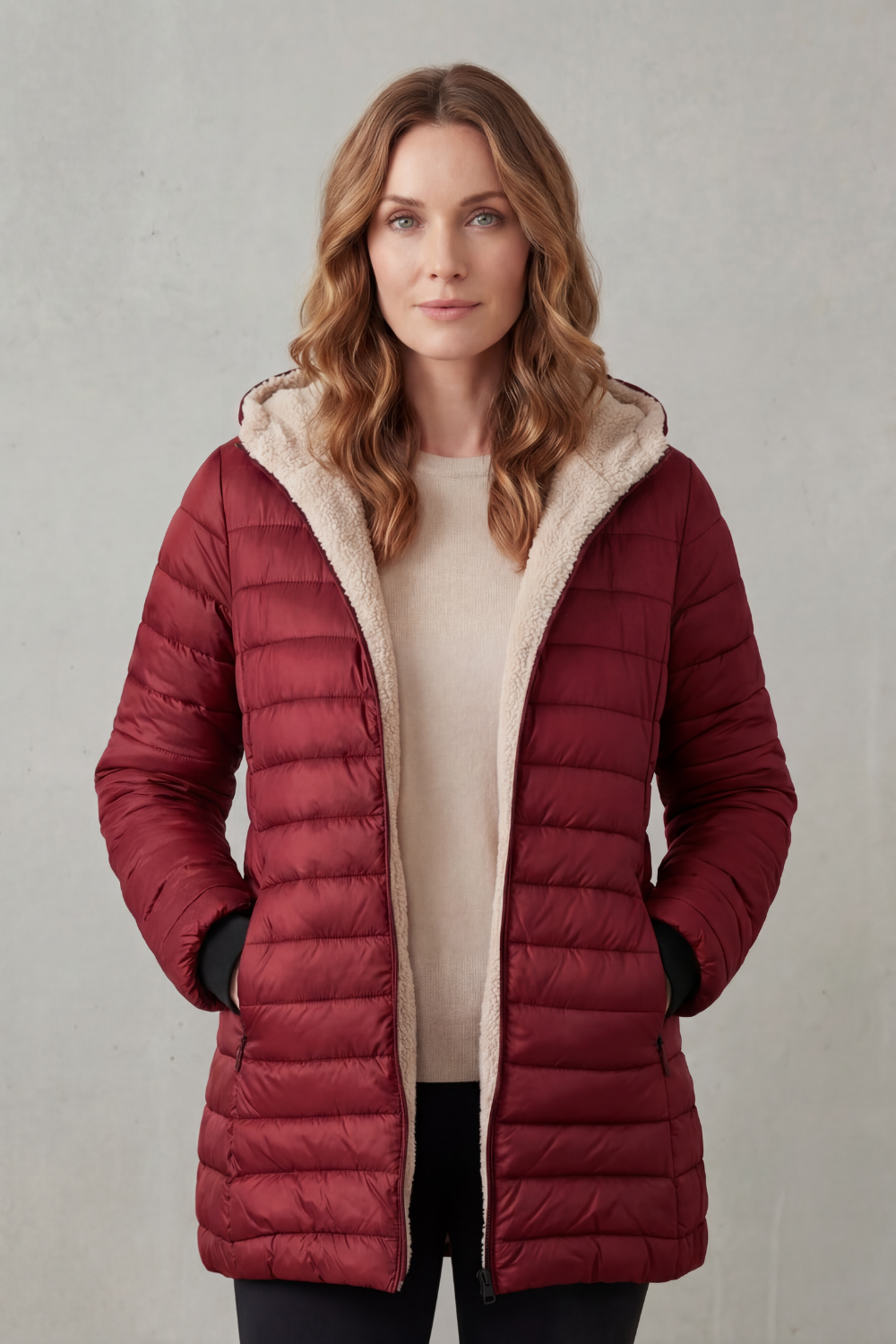 Women's Puffer Jacket with Sherpa-Lined Hood