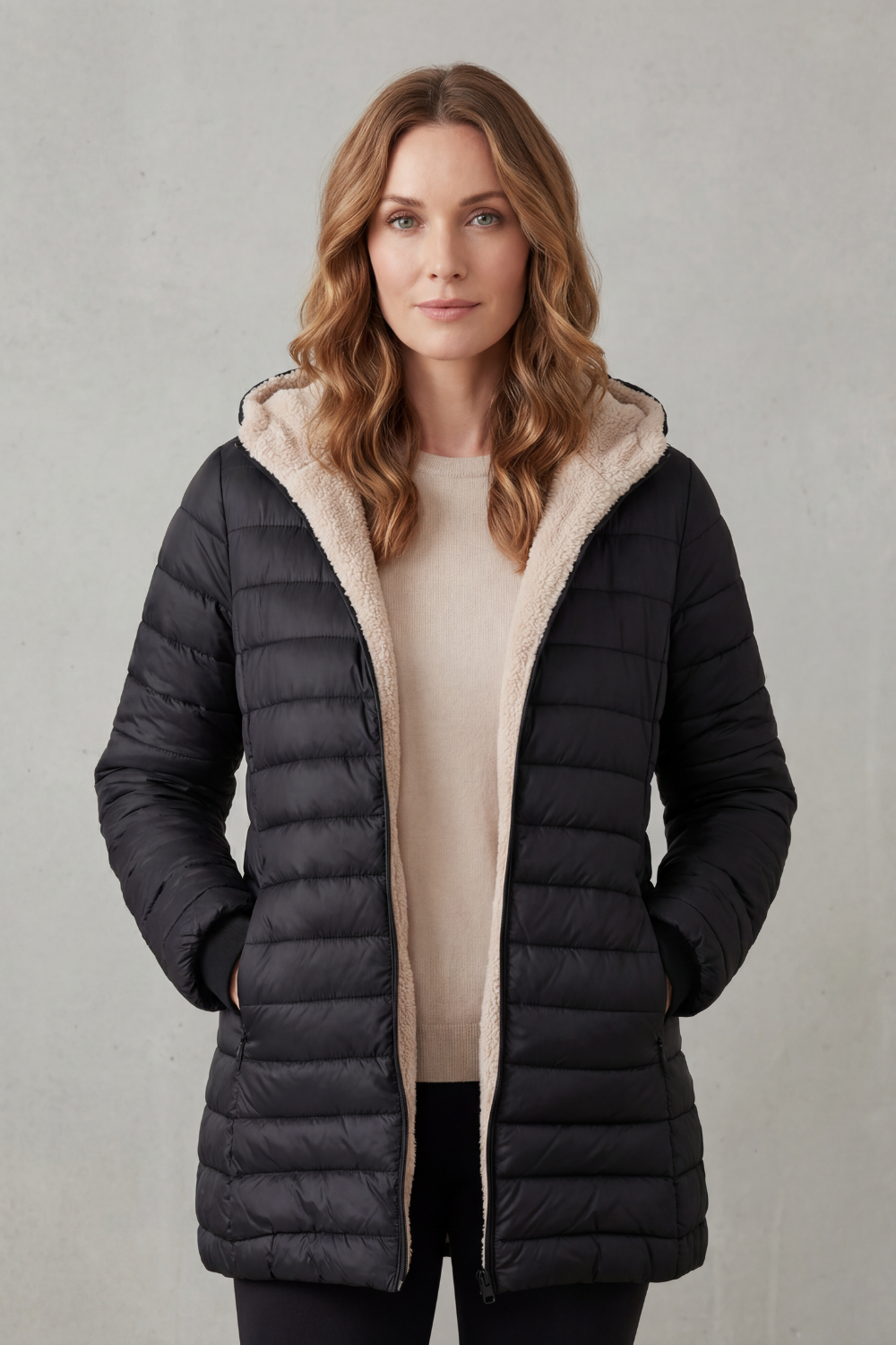 Women's Puffer Jacket with Sherpa-Lined Hood