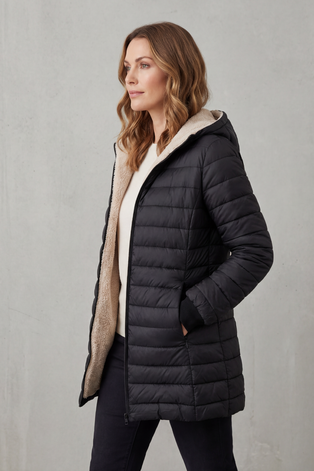 Women's Puffer Jacket with Sherpa-Lined Hood