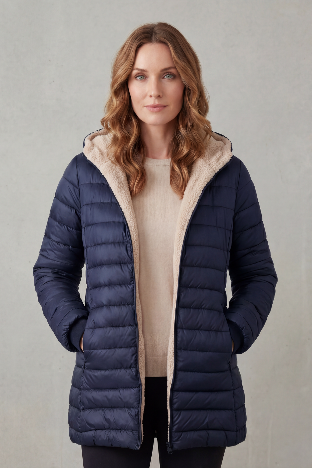 Women's Puffer Jacket with Sherpa-Lined Hood