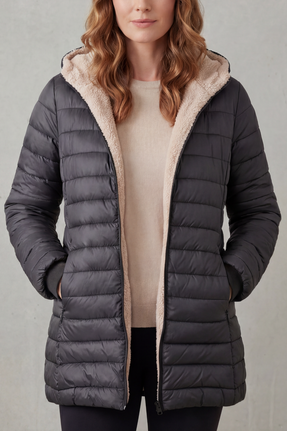 Women's Puffer Jacket with Sherpa-Lined Hood