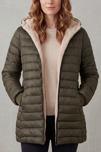 Women's Puffer Jacket with Sherpa-Lined Hood
