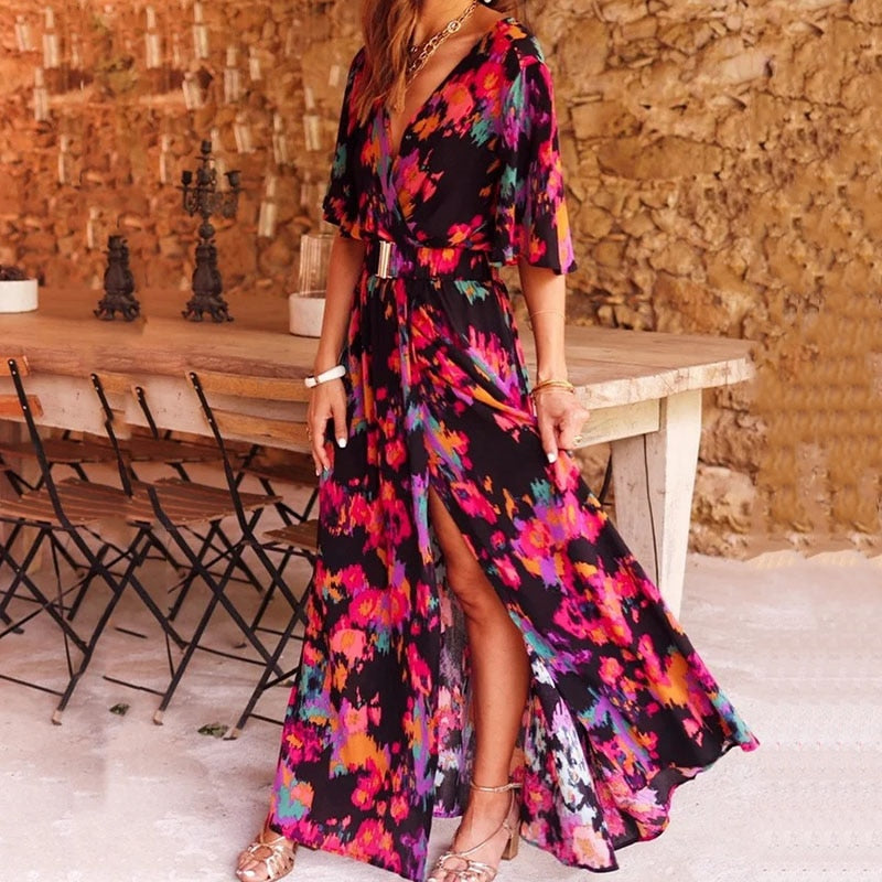 Women's Long Wrap Dress for Wedding Guest