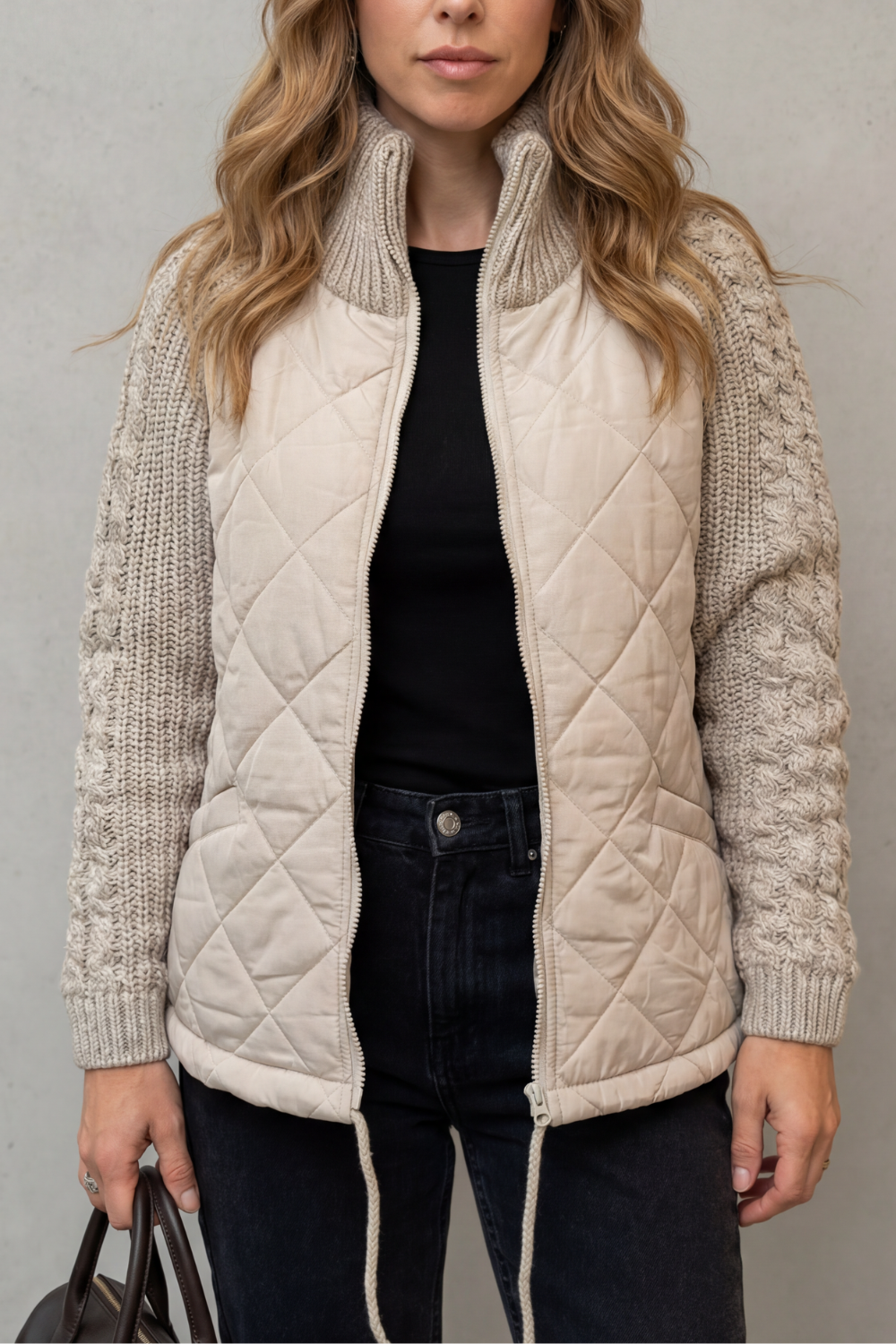 Women's Quilted Puffer Jacket Textured Knit Accents