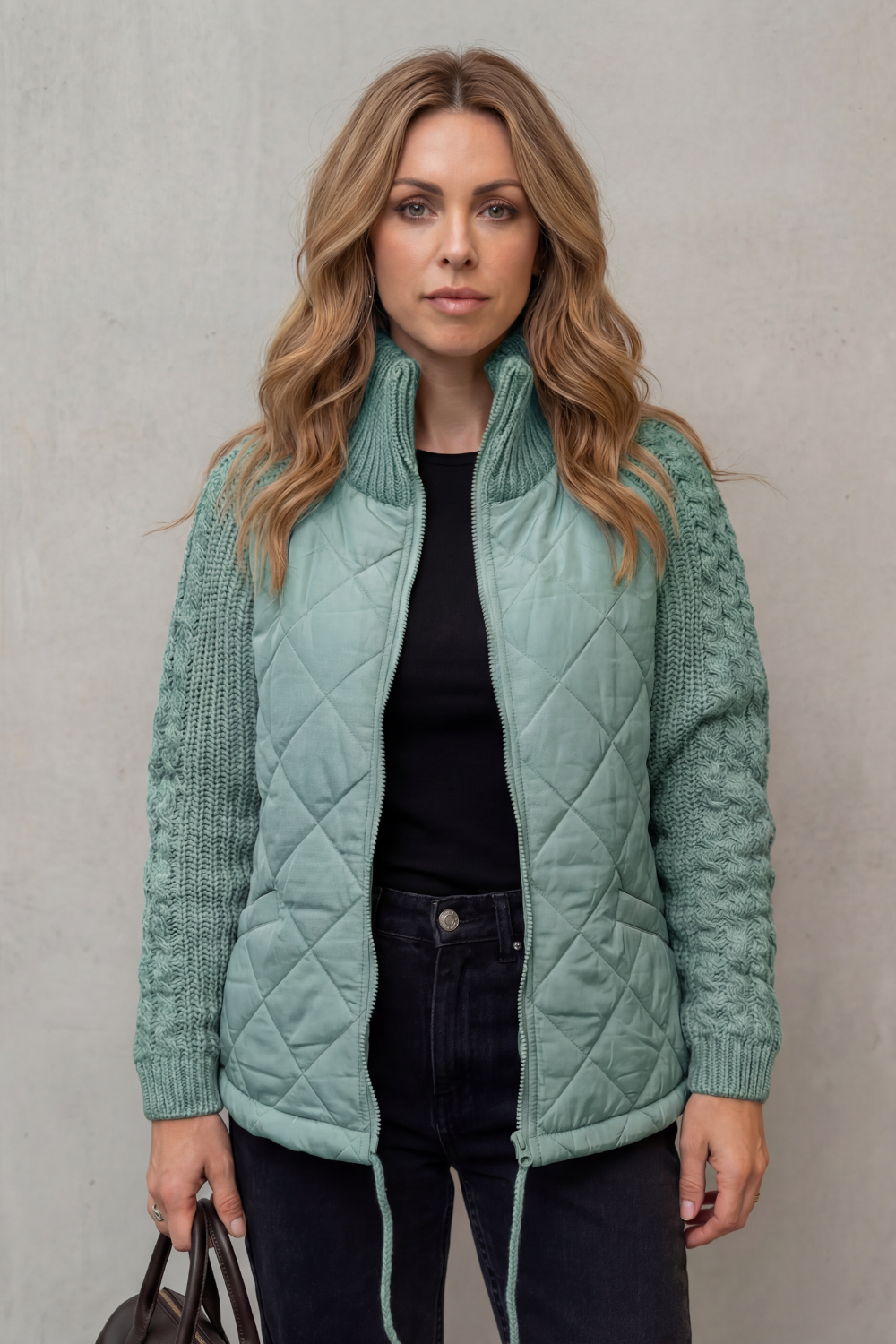 Women's Quilted Puffer Jacket Textured Knit Accents