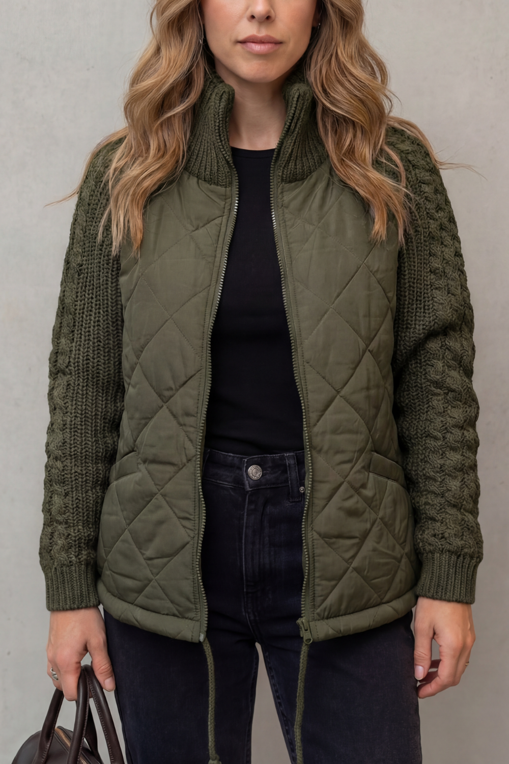 Women's Quilted Puffer Jacket Textured Knit Accents