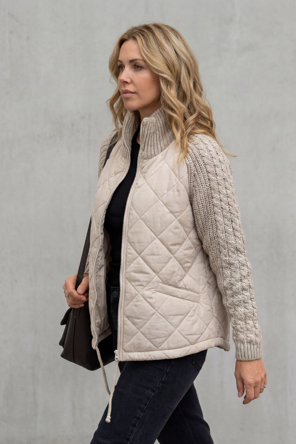 Women's Quilted Puffer Jacket Textured Knit Accents