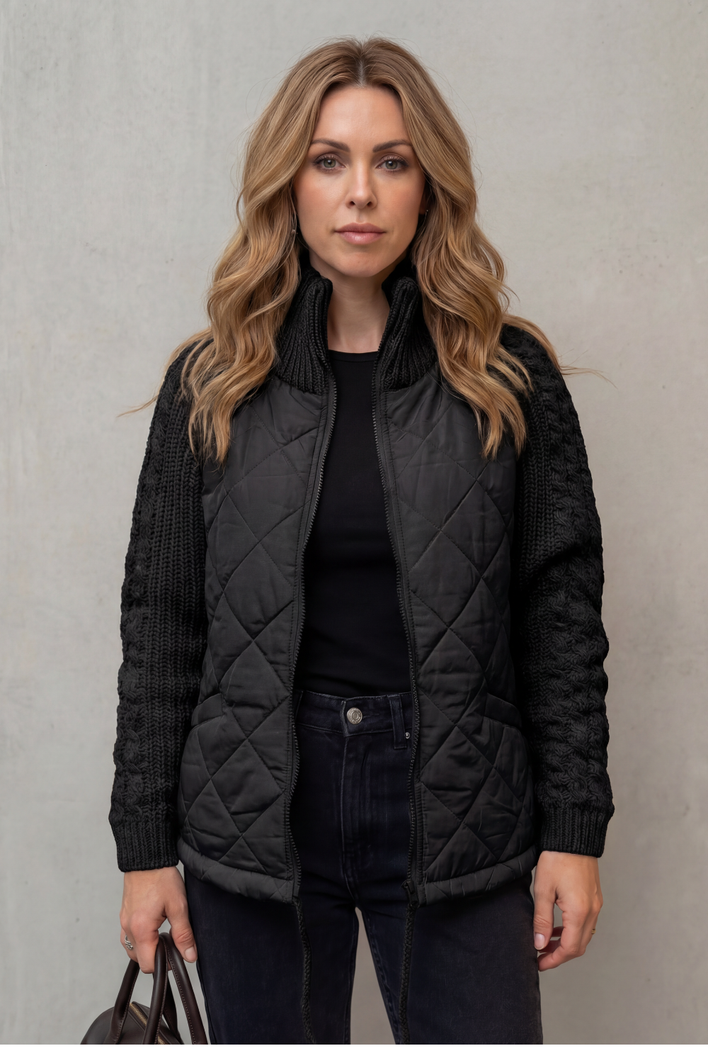 Women's Quilted Puffer Jacket Textured Knit Accents