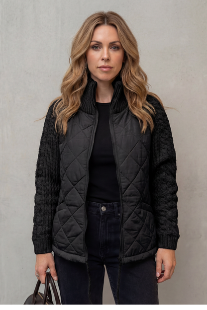 Women's Quilted Puffer Jacket Textured Knit Accents