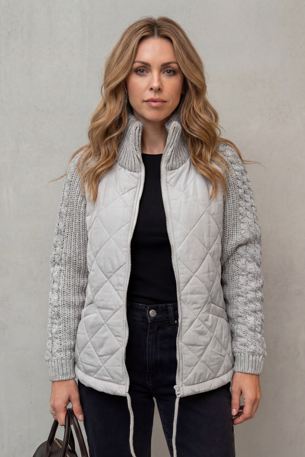 Women's Quilted Puffer Jacket Textured Knit Accents
