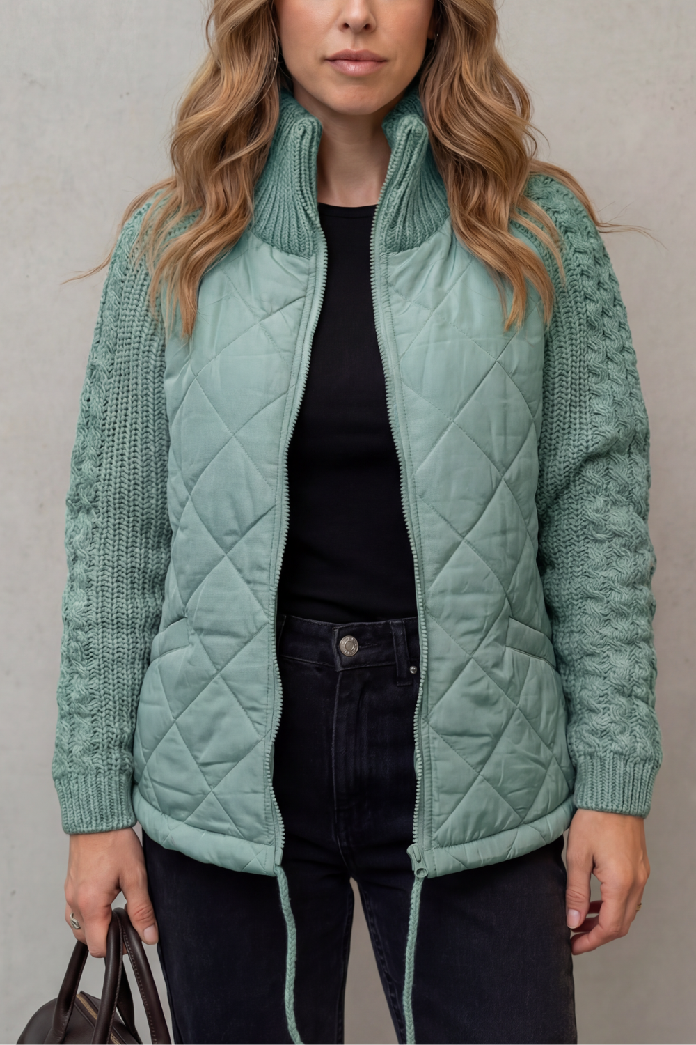Women's Quilted Puffer Jacket Textured Knit Accents
