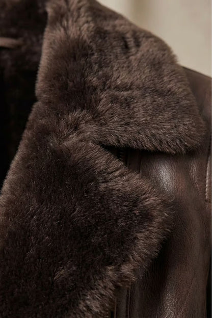 Women's Faux Leather Jacket with Shearling Collar