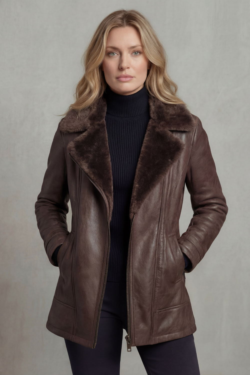 Women's Faux Leather Jacket with Shearling Collar