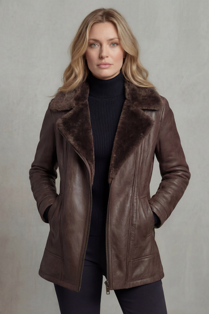 Women's Faux Leather Jacket with Shearling Collar