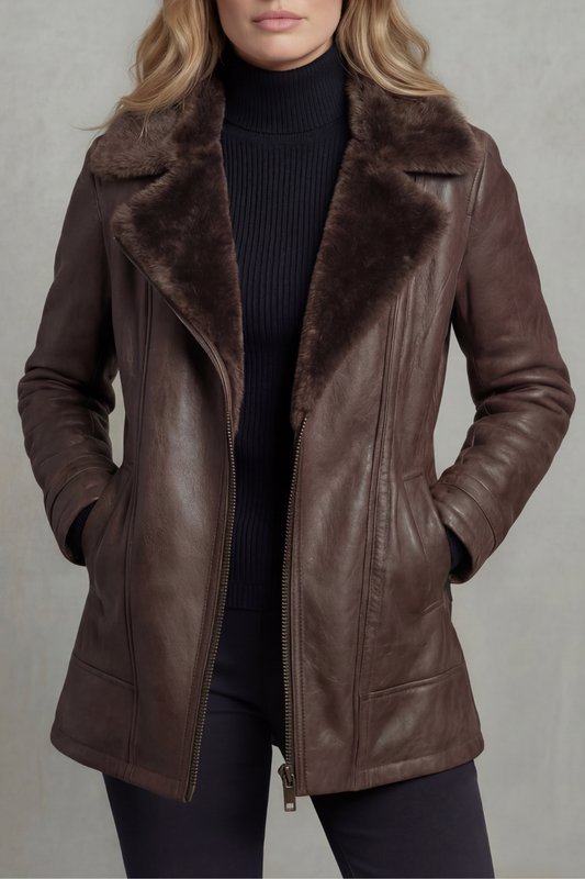 Women's Faux Leather Jacket with Shearling Collar