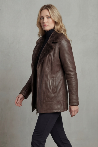 Women's Faux Leather Jacket with Shearling Collar