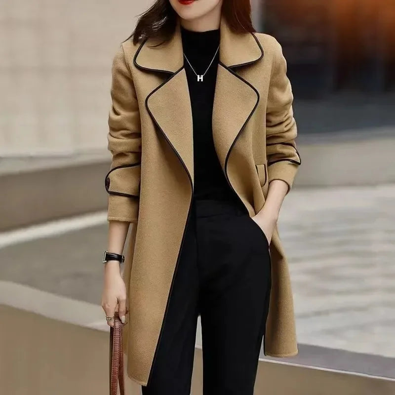Women's Camel Wool Coat with Contrast Piping