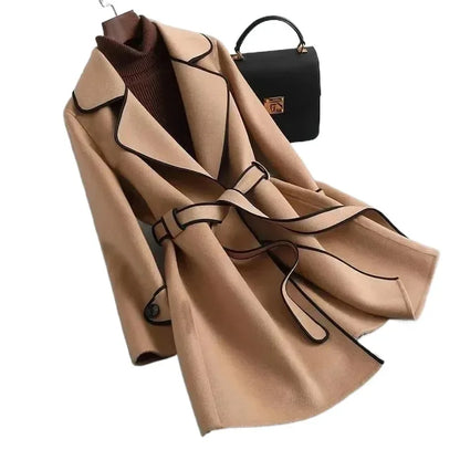 Women's Camel Wool Coat with Contrast Piping