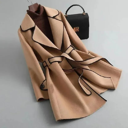 Women's Camel Wool Coat with Contrast Piping