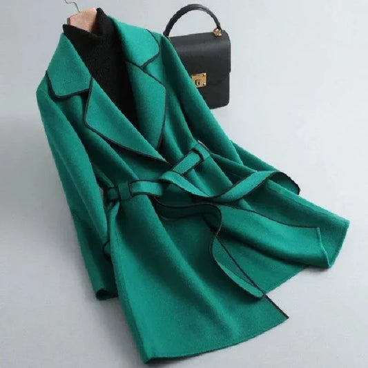 Women's Camel Wool Coat with Contrast Piping