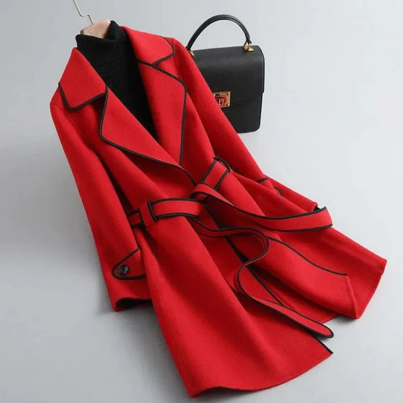 Women's Camel Wool Coat with Contrast Piping