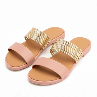 Women's Flat Sandals with Metallic Straps