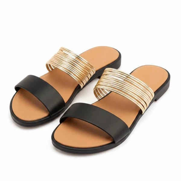 Women's Flat Sandals with Metallic Straps