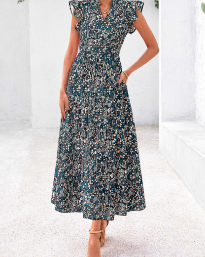 Women's Floral Midi Dress with Pockets for Vacation