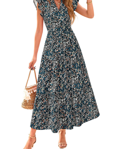 Women's Floral Midi Dress with Pockets for Vacation