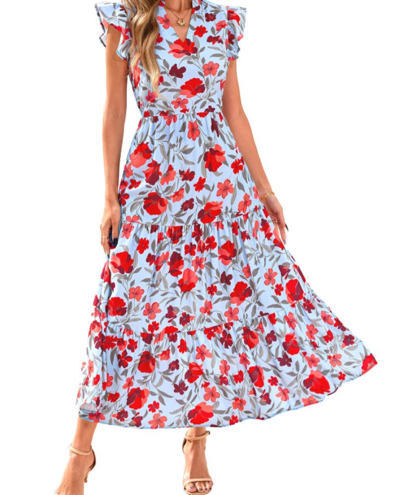 Women's Floral Midi Dress with Pockets for Vacation