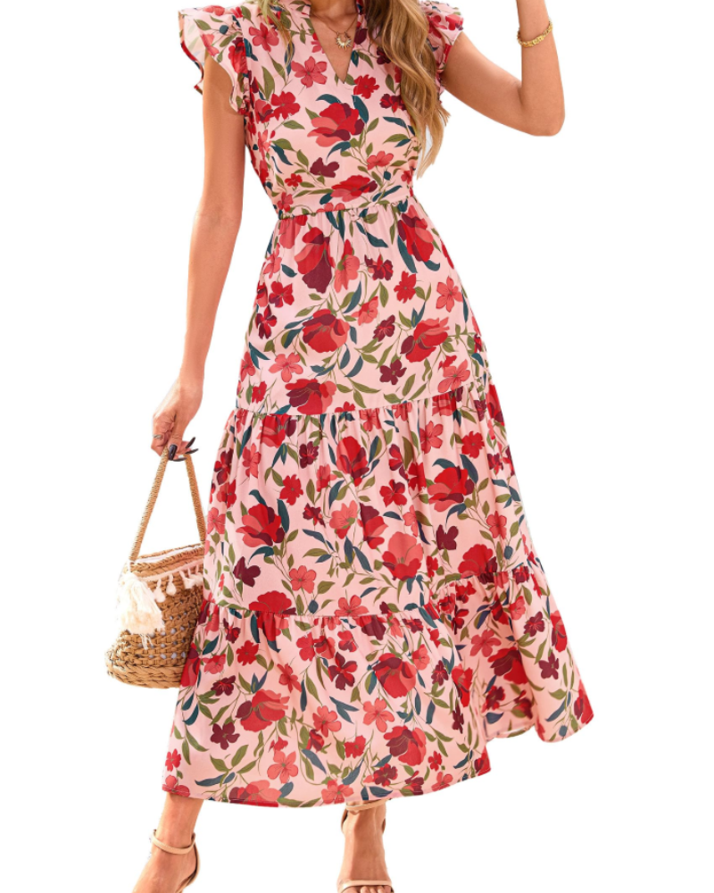Women's Floral Midi Dress with Pockets for Vacation