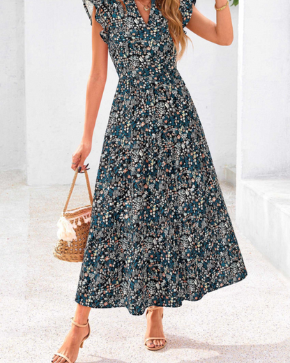 Women's Floral Midi Dress with Pockets for Vacation