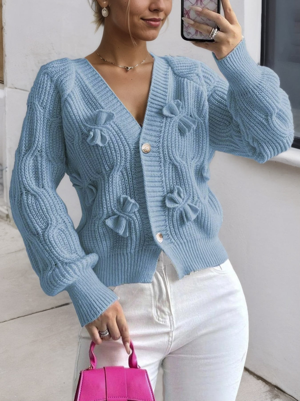 Women's Cable Knit Cardigan with Bow
