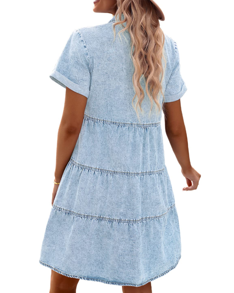 Women's Faded Denim Dress with Layered Ruffles