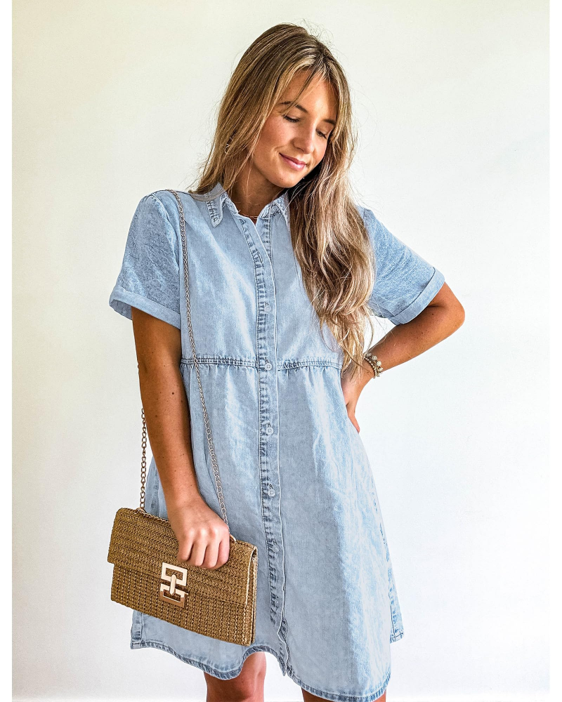 Women's Faded Denim Dress with Layered Ruffles