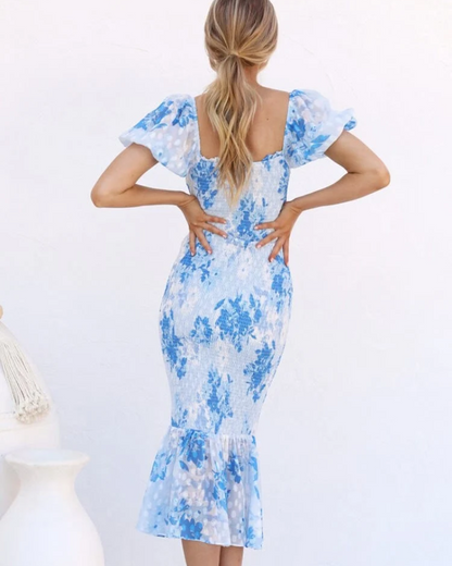 Women's Floral Mermaid Midi Dress with Smocked Bodice