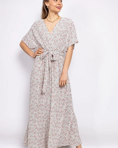 Women's Floral Maxi Dress with Tie Belt for Vacation