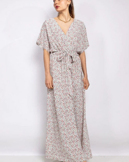 Women's Floral Maxi Dress with Tie Belt for Vacation