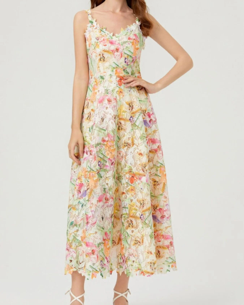 Women's Floral Lace Midi Dress for Wedding Guest