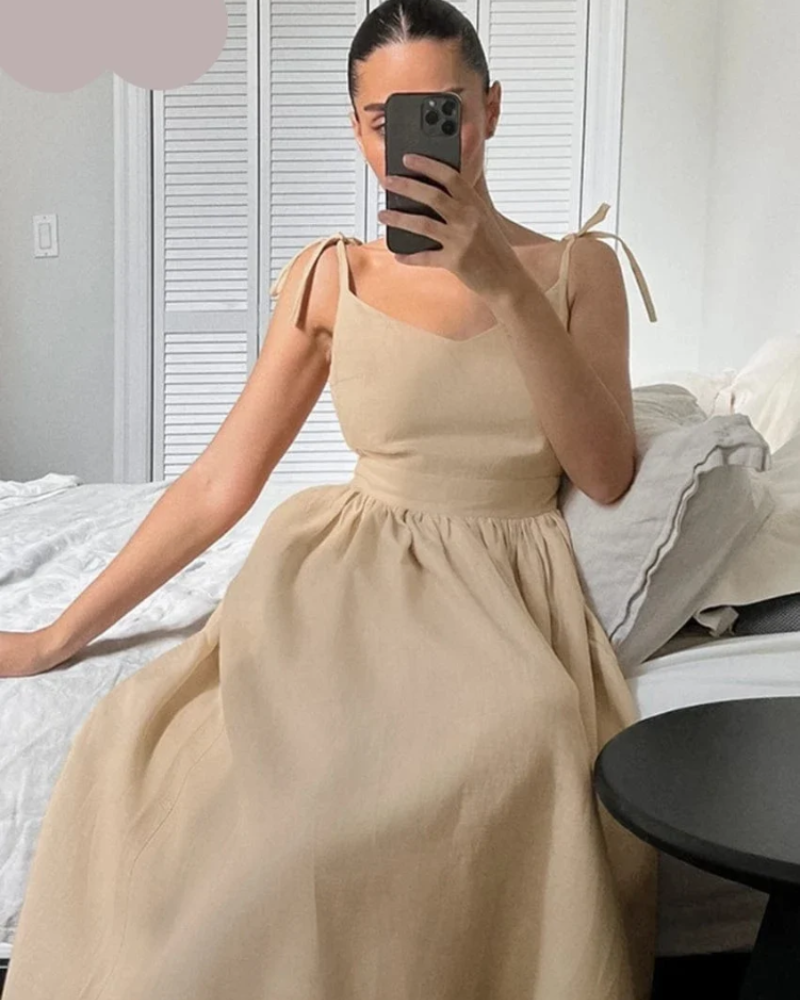 Women's Natural Beige Maxi Dress with Open Back